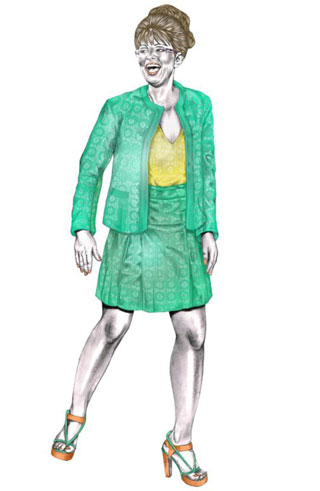 Former US Vice-Presidential candidate, styled by Miranda Almond, fashion editor of British Vogue, wearing outfit by Christopher Kane. Former US Vice-Presidential candidate, styled by Miranda Almond, fashion editor of British Vogue, wearing outfit by Christopher Kane.